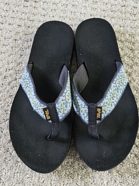 Teva Women's Black Flip Flop Sandals with Blue Patterned Straps